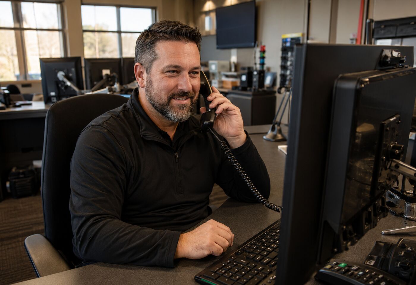 EMS operations manager talking on the phone at a dispatch desk
