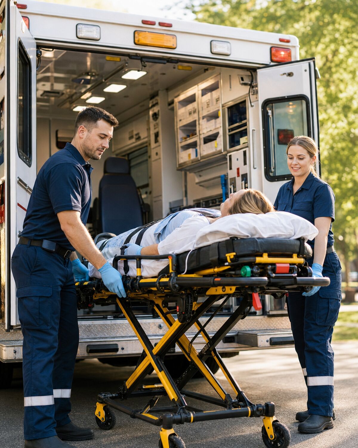EMS crew loading a patient into an ambulance