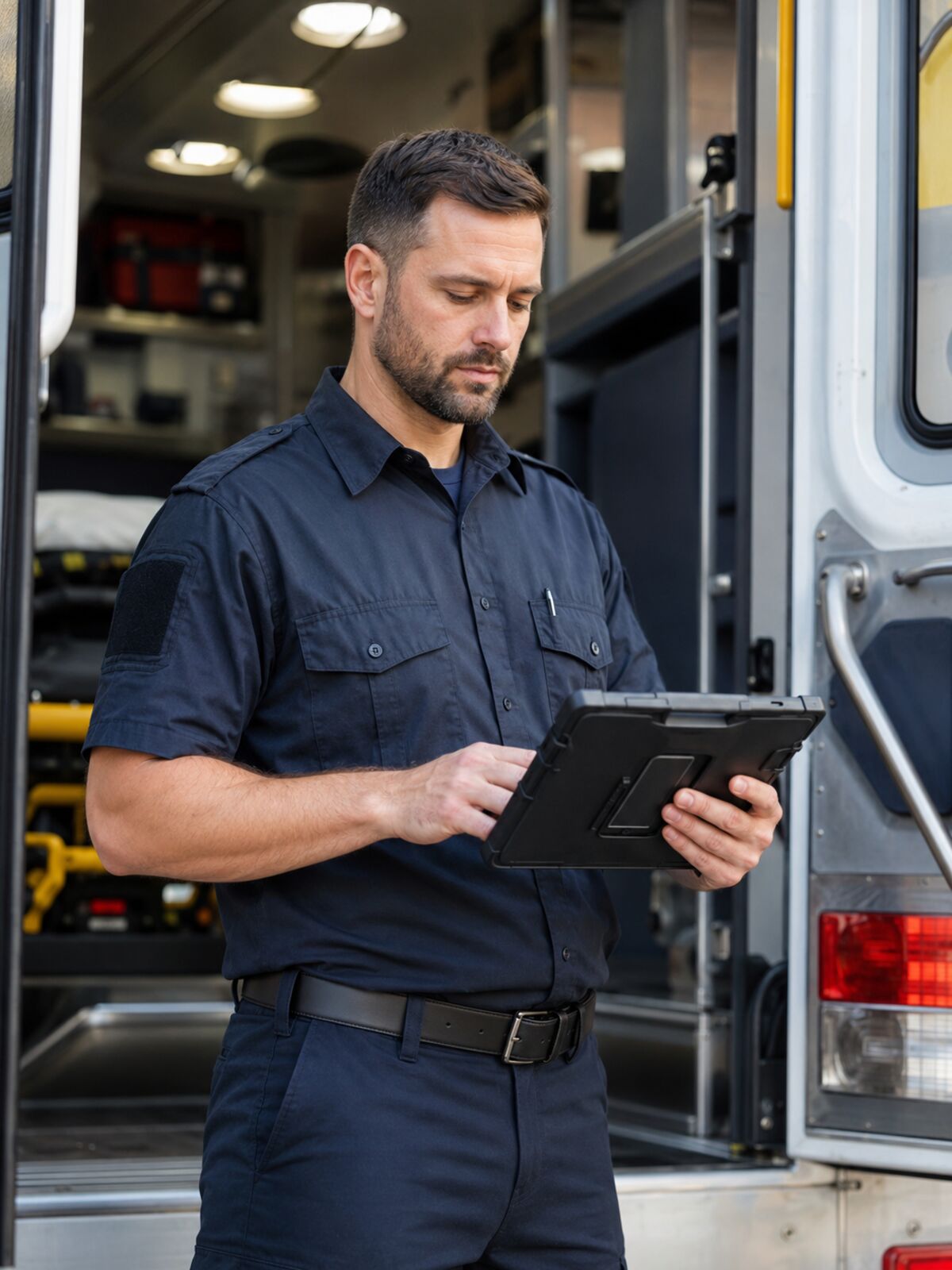 Paramedic using a tablet at the back of an ambulance